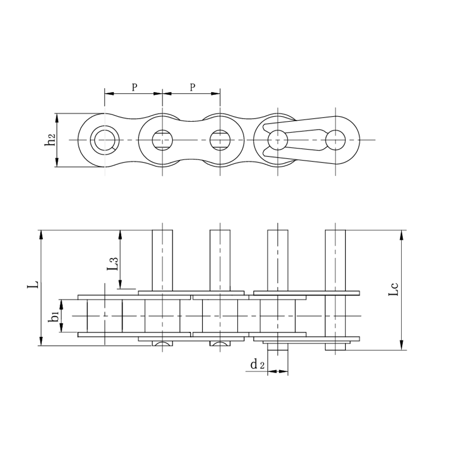 Chaînes de convoyeur à pas court, broches allongées